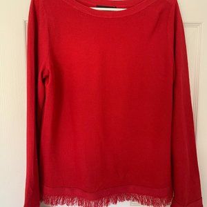 Ann Taylor red long sleeve crew neck top with fringe detail on hem and cuffs (la